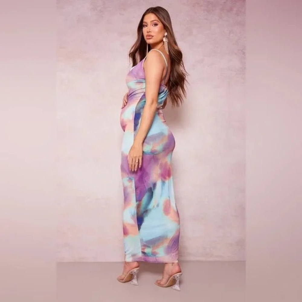 1113 NWT PrettyLittleThing Maternity Purple Watercolour Cowl Maxi Dress - Size 2 - Picture 6 of 9
